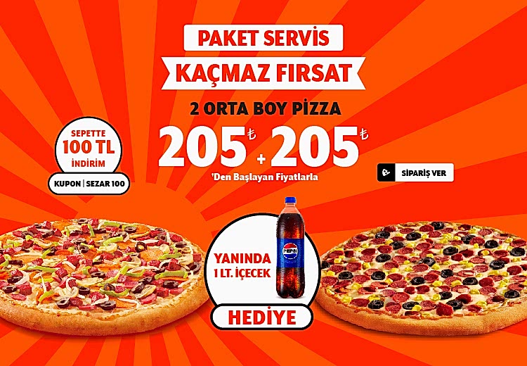 2 Adet Orta Boy Pizza + İçecek (1 L.)