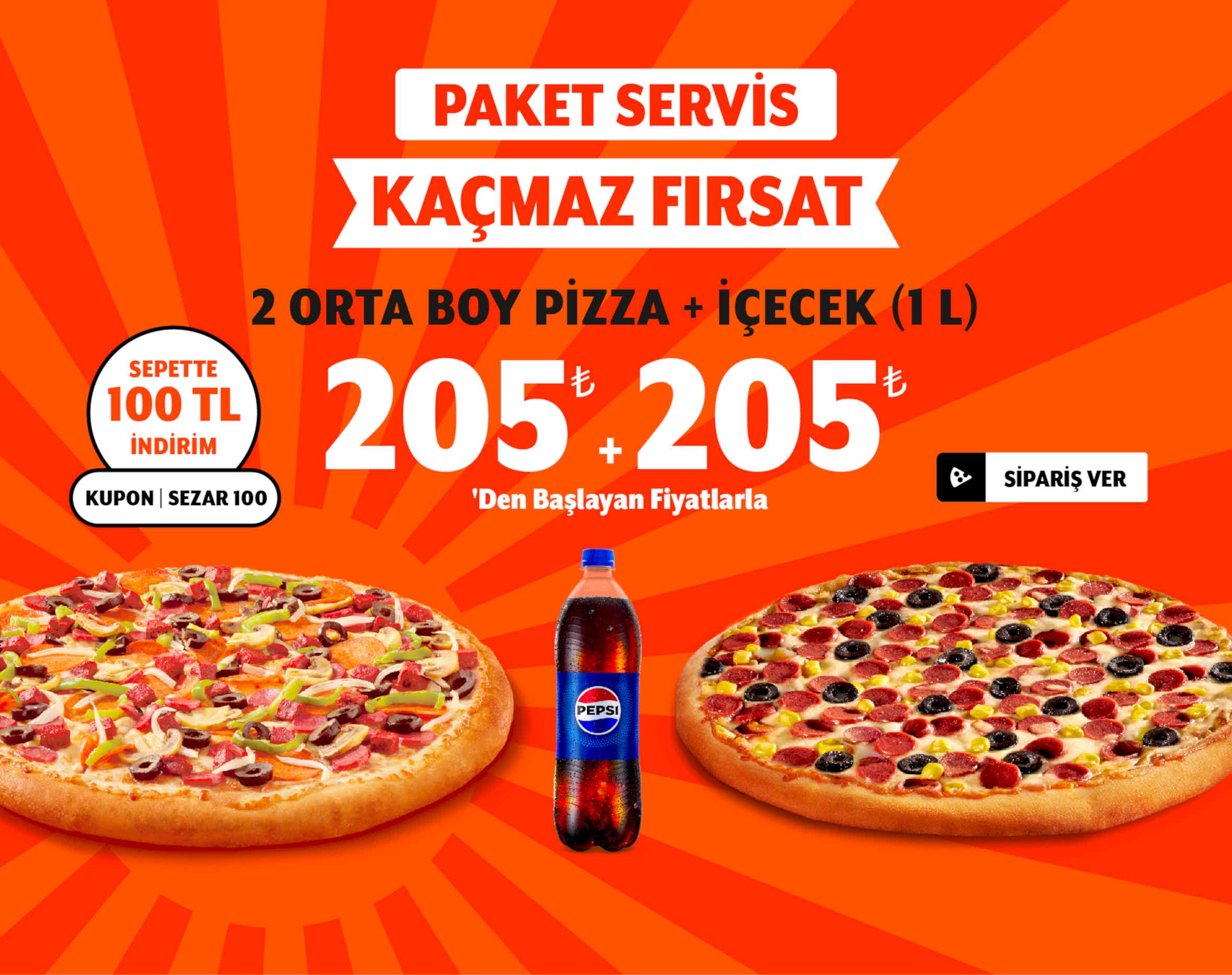 2 Adet Orta Boy Pizza + İçecek (1 L.)